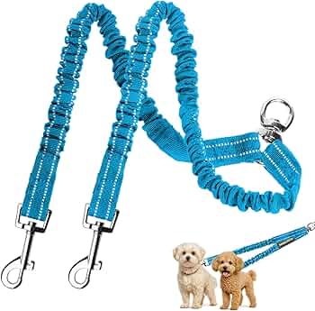 Dog Leash, Dog Leash for 2 Dogs, 360° Swivel No Tangle Double Walking Training Leashes for Small Dogs, Comfortable Shock Absorbing Reflective Bungee, Sky blue