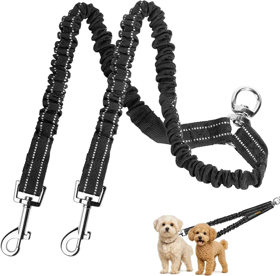 Dog Leash, Dog Leash for 2 Dogs, 360° Swivel No Tangle Double Walking Training Leashes for Small Dogs, Comfortable Shock Absorbing Reflective Bungee, Black