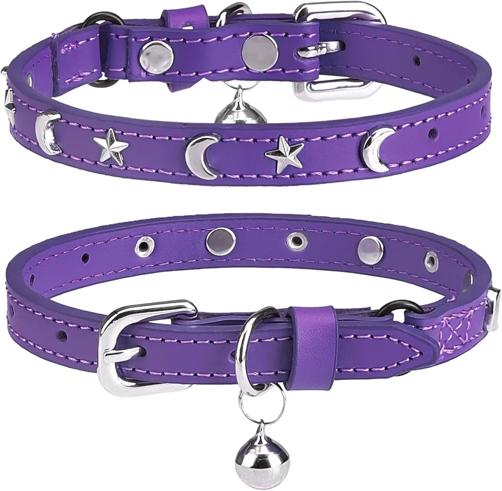 Leather Cat Collars for Boy Girl Cats with Bell and Safety Elastic Belt, Personalized Star and Moon Stud Adjustable